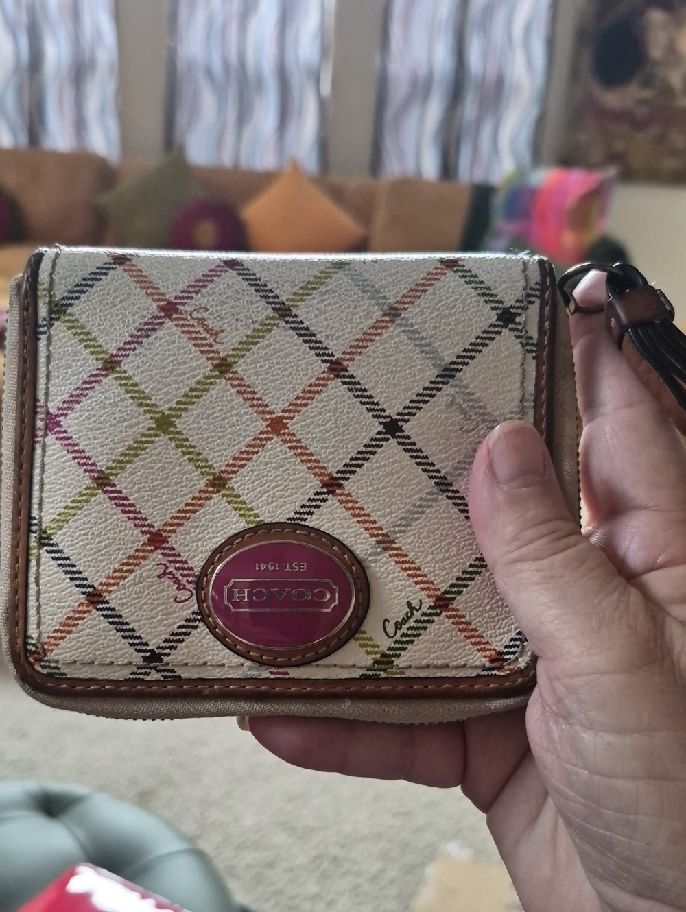 Coach Multicolor Plaid Zip-Around Wallet - Cream, Pink, Orange, Green, Black